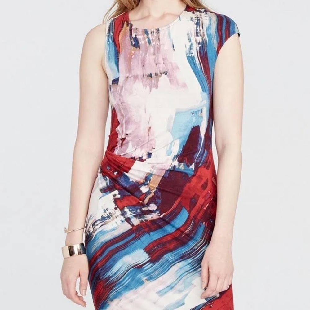 RACHEL Rachel Roy Abstract Print Asymmetrical Dress in Red, Blue, and White - Picture 2 of 10